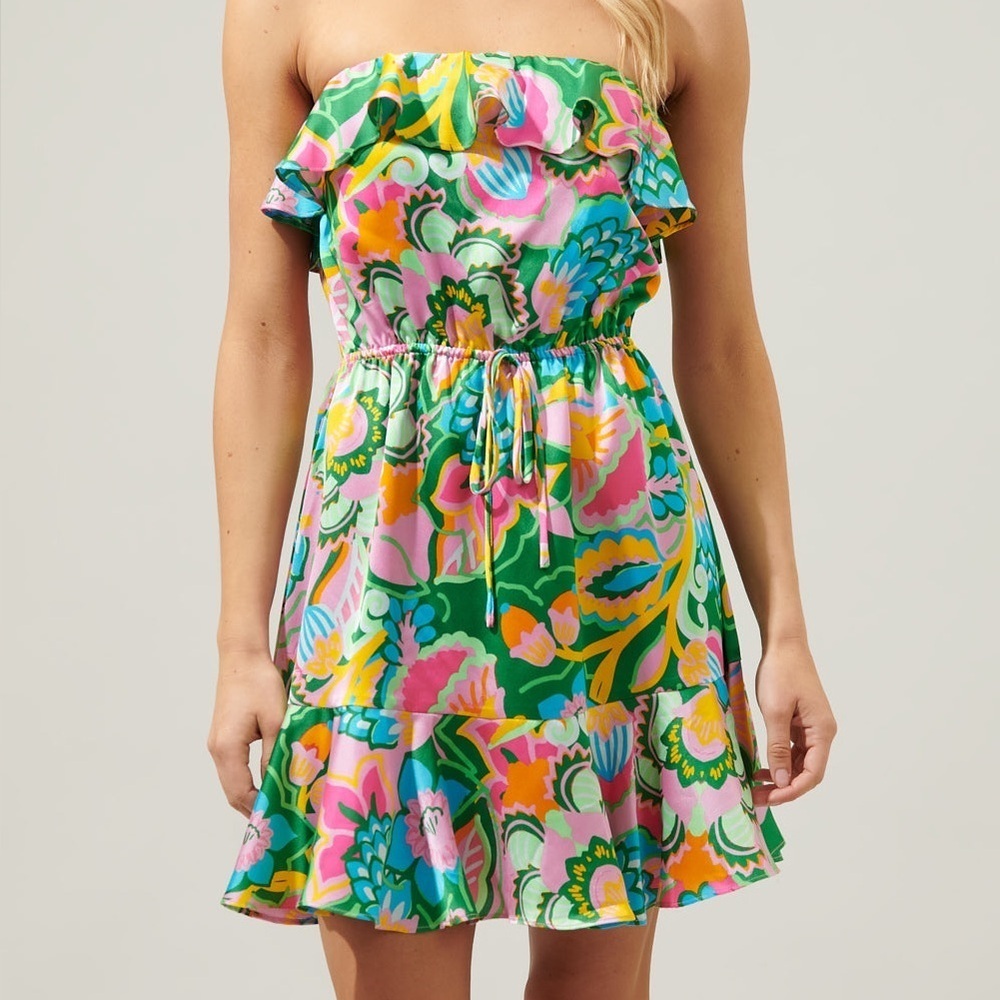 Baltic Born Braiden Short Tropical Floral Print Mini Dress Pink Orange Green NWT